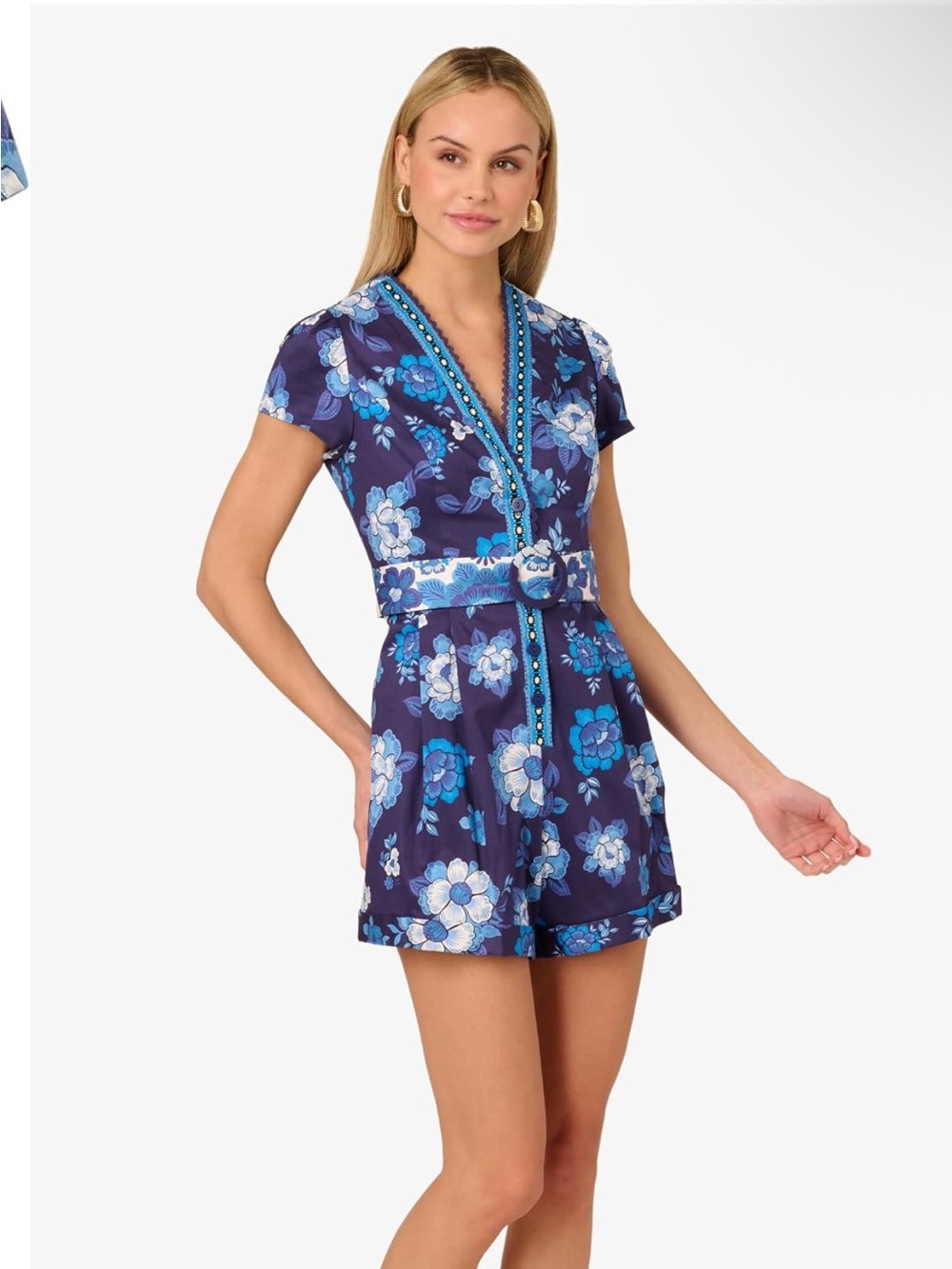 Adrianna Papell Navy & Blue Floral Short Sleeve Romper